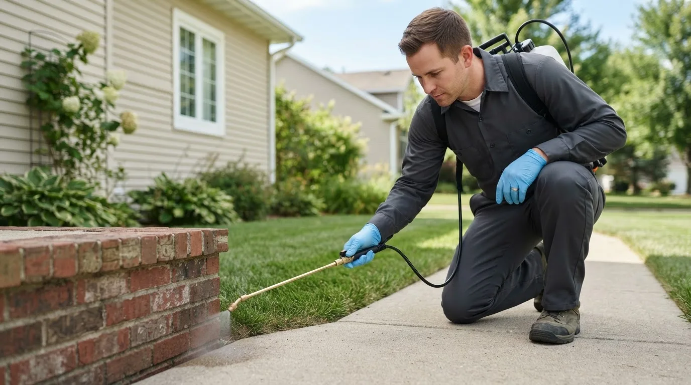 Pest control technician treating a home near Kennedy, MN